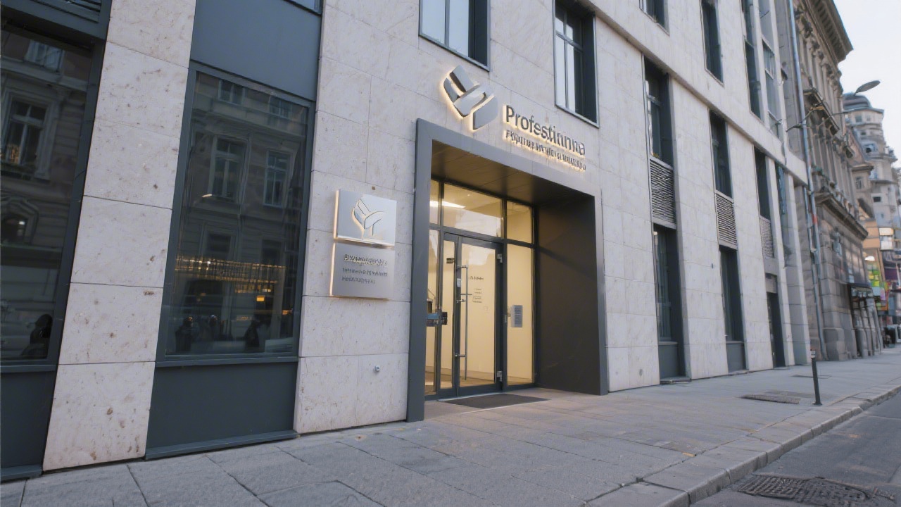 Street-level view of a modern building entrance with clear signage and a welcoming doorway, representing a professional Prague office location.