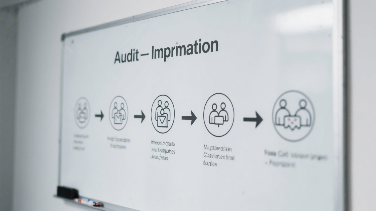 Process diagram on a whiteboard showing steps from audit to implementation, with clear arrows and simple icons illustrating collaboration.