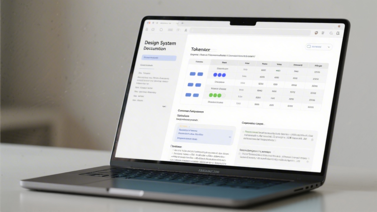 Close-up of a design system documentation page with token tables, component usage guidelines, and responsive layout notes displayed on a laptop with a neutral workspace background.