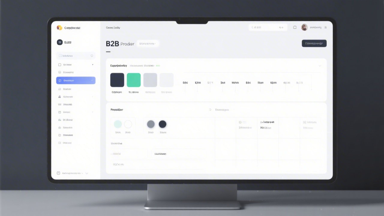 Wide desktop screen with a modern interface layout, component library panel, typography scale and color tokens, showing a neutral B2B product interface with clear grid and whitespace.