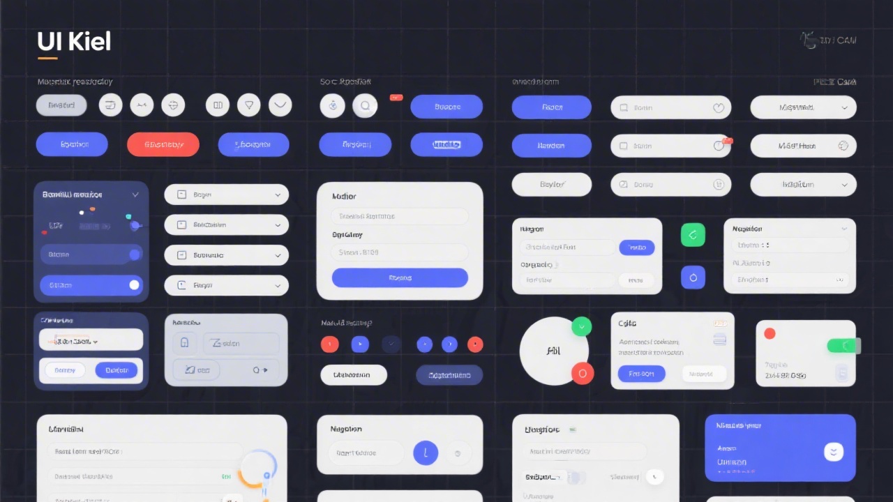 UI kit grid with buttons, form inputs, navigation elements, and cards arranged in a clear layout, demonstrating consistent spacing and visual hierarchy.