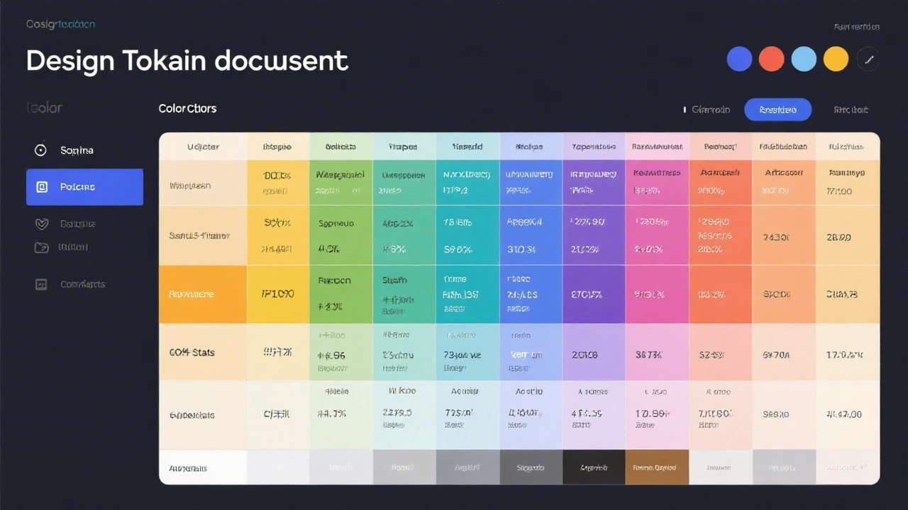 Design token documentation showing color palettes, typography scale, spacing values, and component states organized in a structured table for easy implementation.