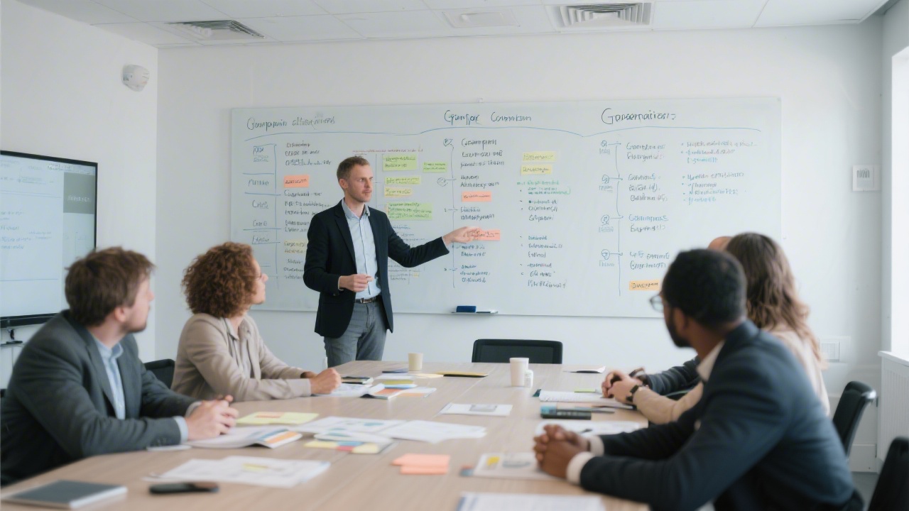 Collaborative workshop with a facilitator leading a small group, whiteboards filled with component lists and governance notes, and a calm, modern meeting room.